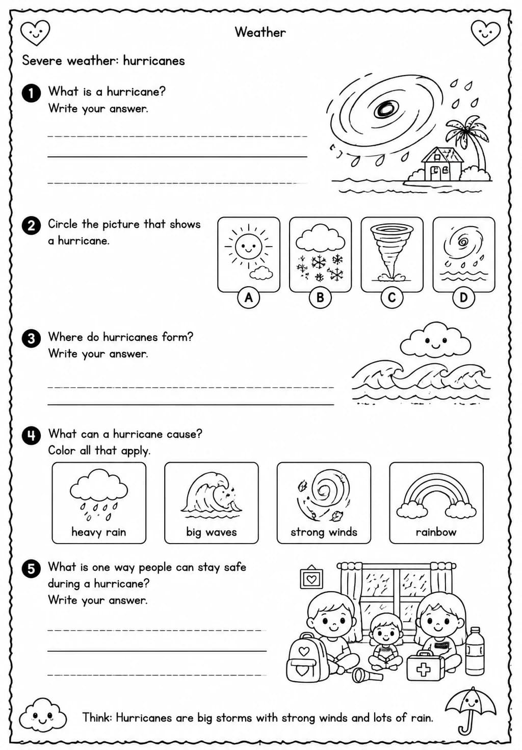 Severe weather: hurricanes — free printable Kindergarten Science worksheet