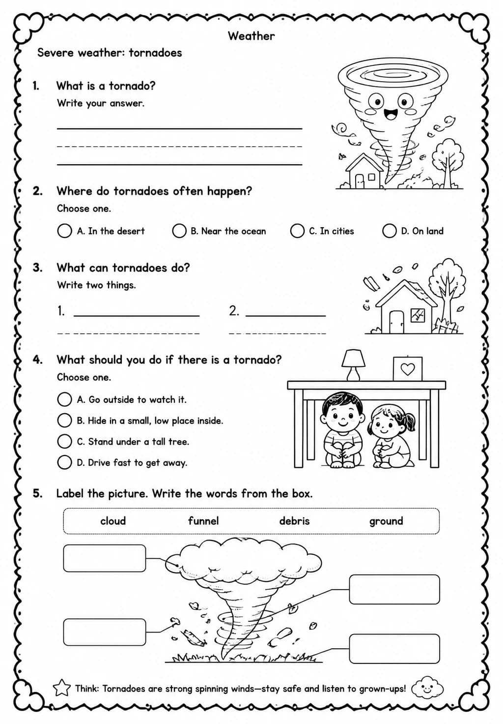 Severe weather: tornadoes — free printable Kindergarten Science worksheet