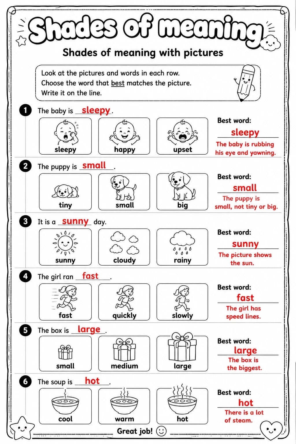 Answer key for Shades of meaning with pictures — free printable English & Reading worksheet
