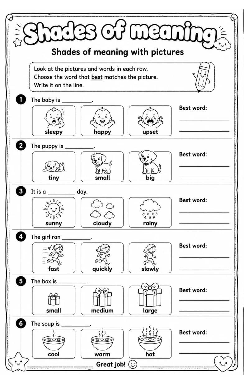 Shades of meaning with pictures — free printable Vocabulary English worksheet