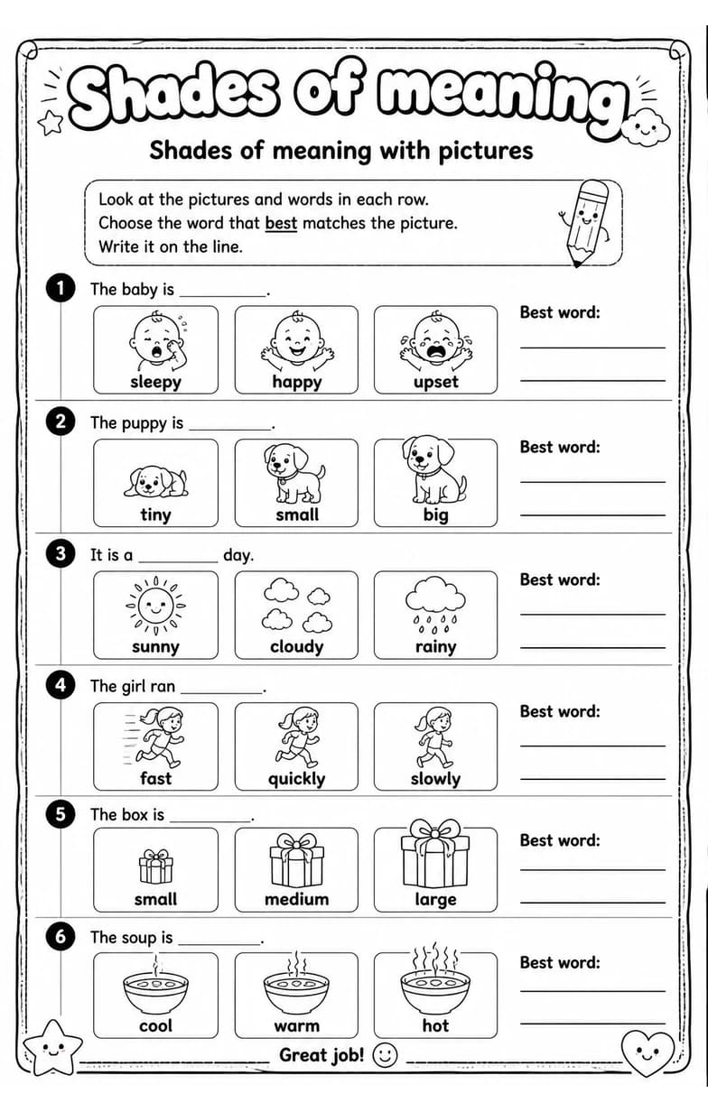 Shades of meaning with pictures — free printable Vocabulary English worksheet