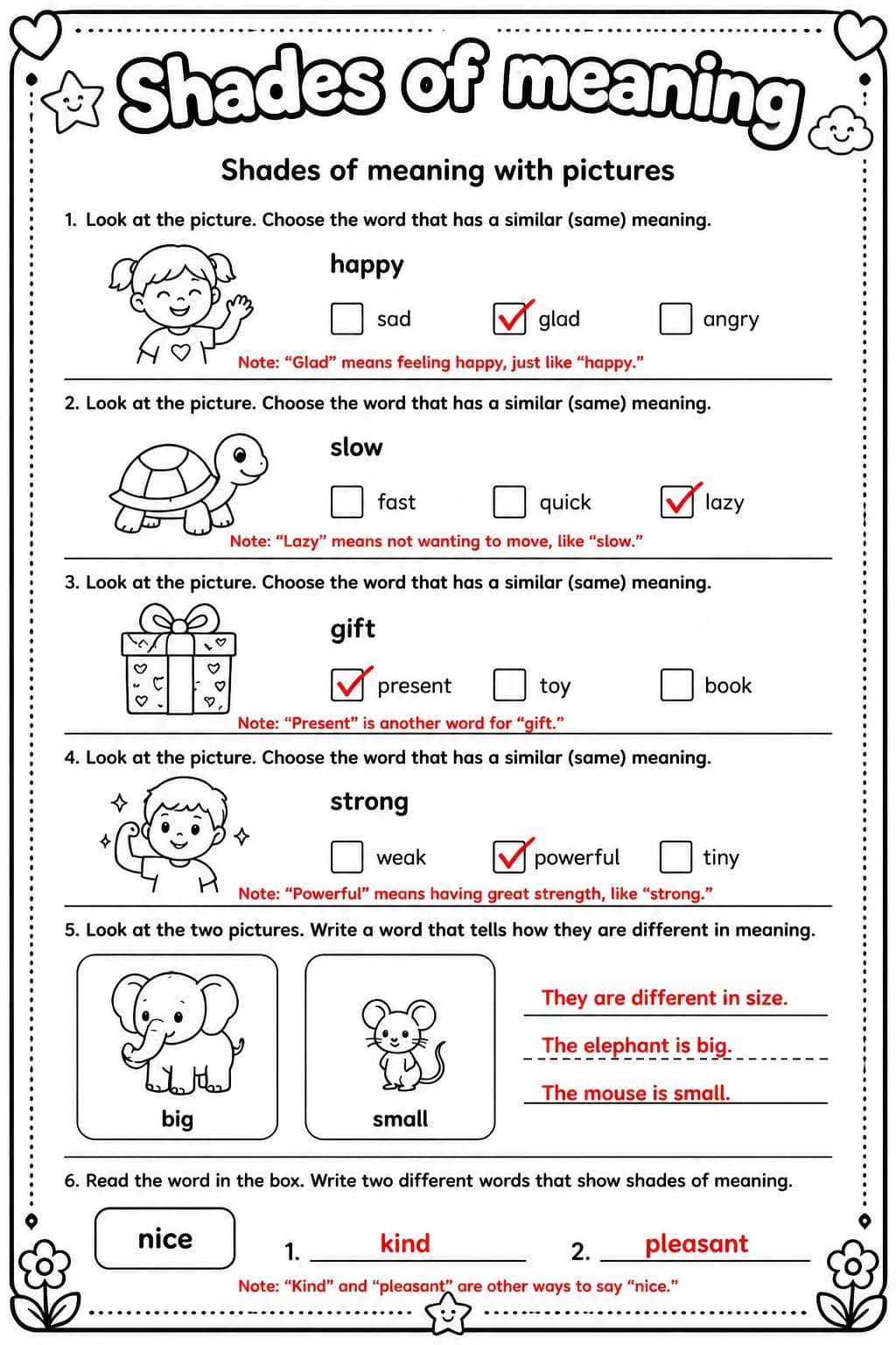 Answer key for Shades of meaning with pictures — free printable English & Reading worksheet