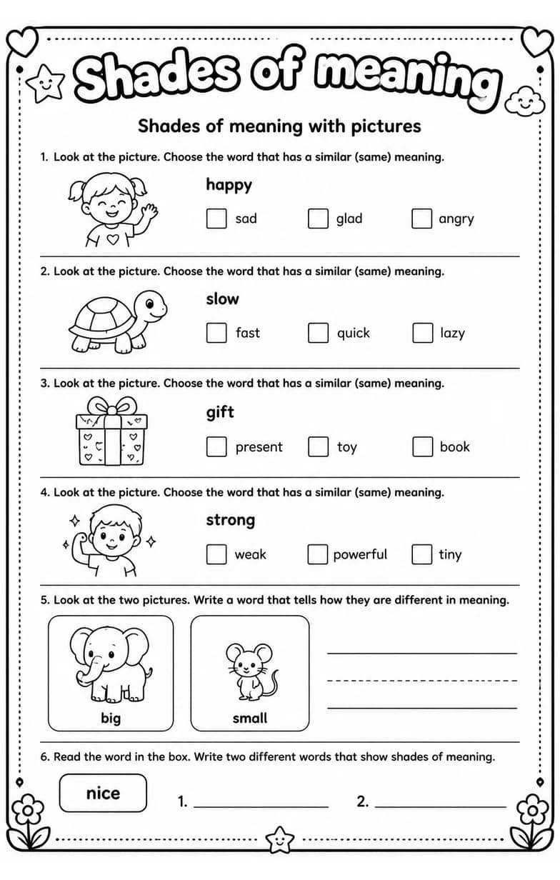 Shades of meaning with pictures — free printable Vocabulary English worksheet