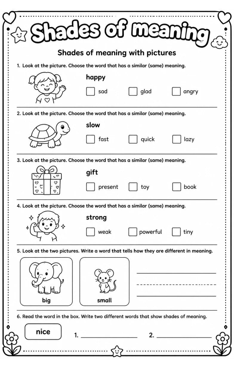Shades of meaning with pictures — free printable Vocabulary English worksheet