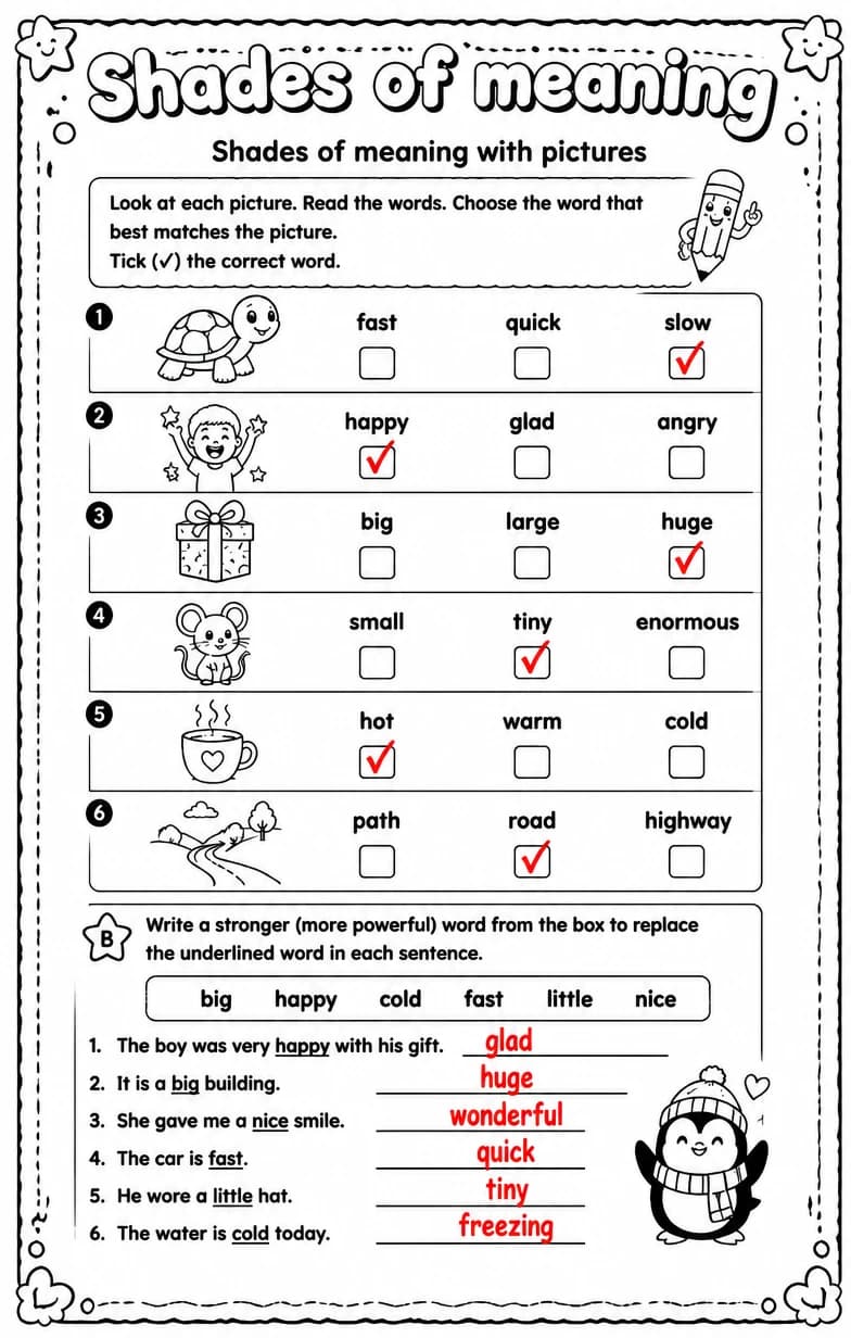 Answer key for Shades of meaning with pictures — free printable English & Reading worksheet