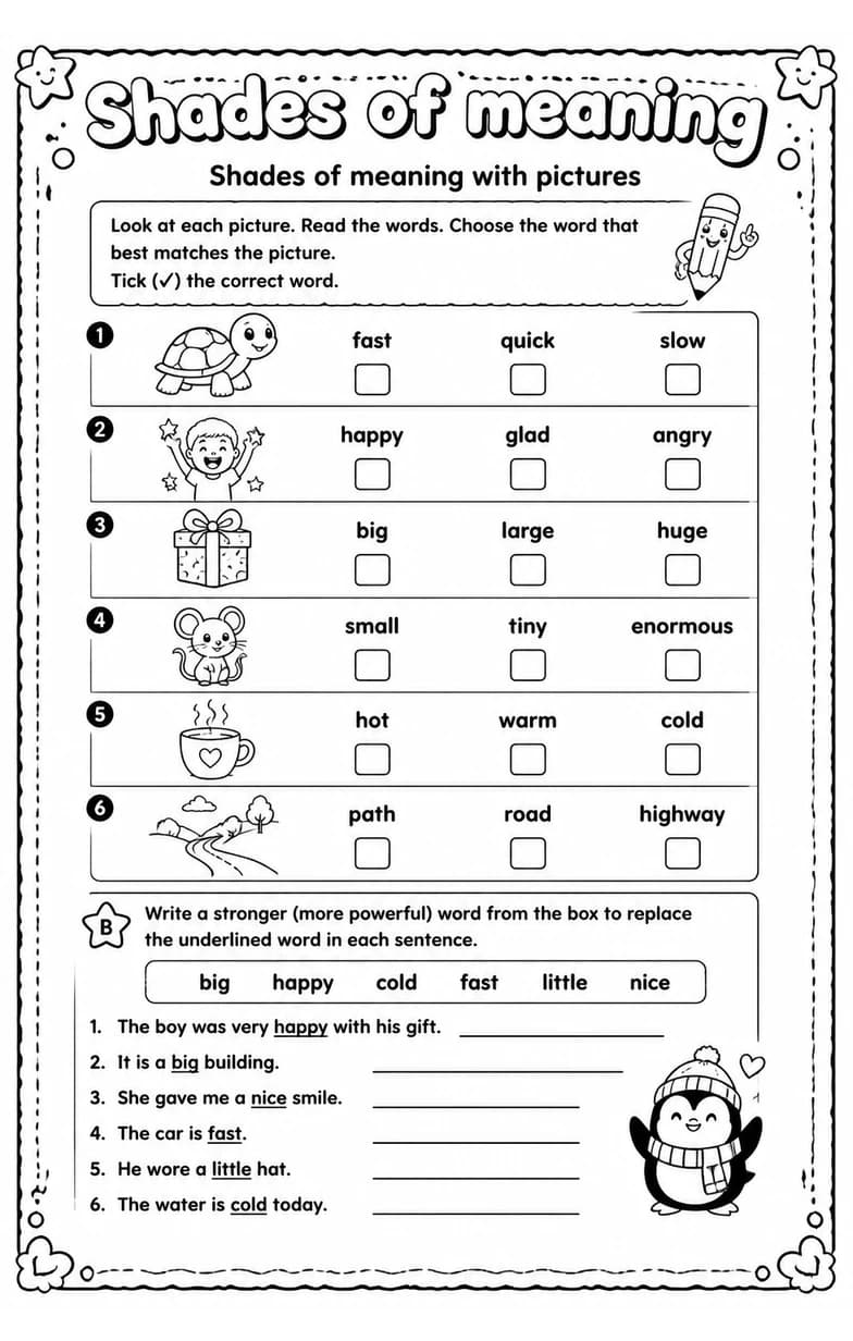 Shades of meaning with pictures — free printable Vocabulary English worksheet