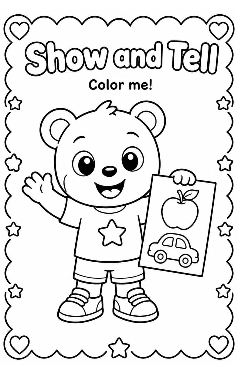 Show and Tell Coloring Pages — free printable Kindergarten Art worksheet