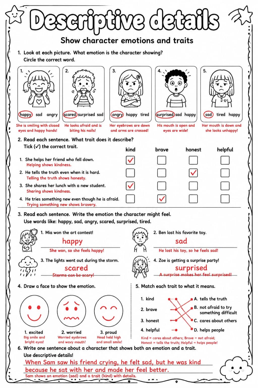 Answer key for Show character emotions and traits — free printable English & Reading worksheet