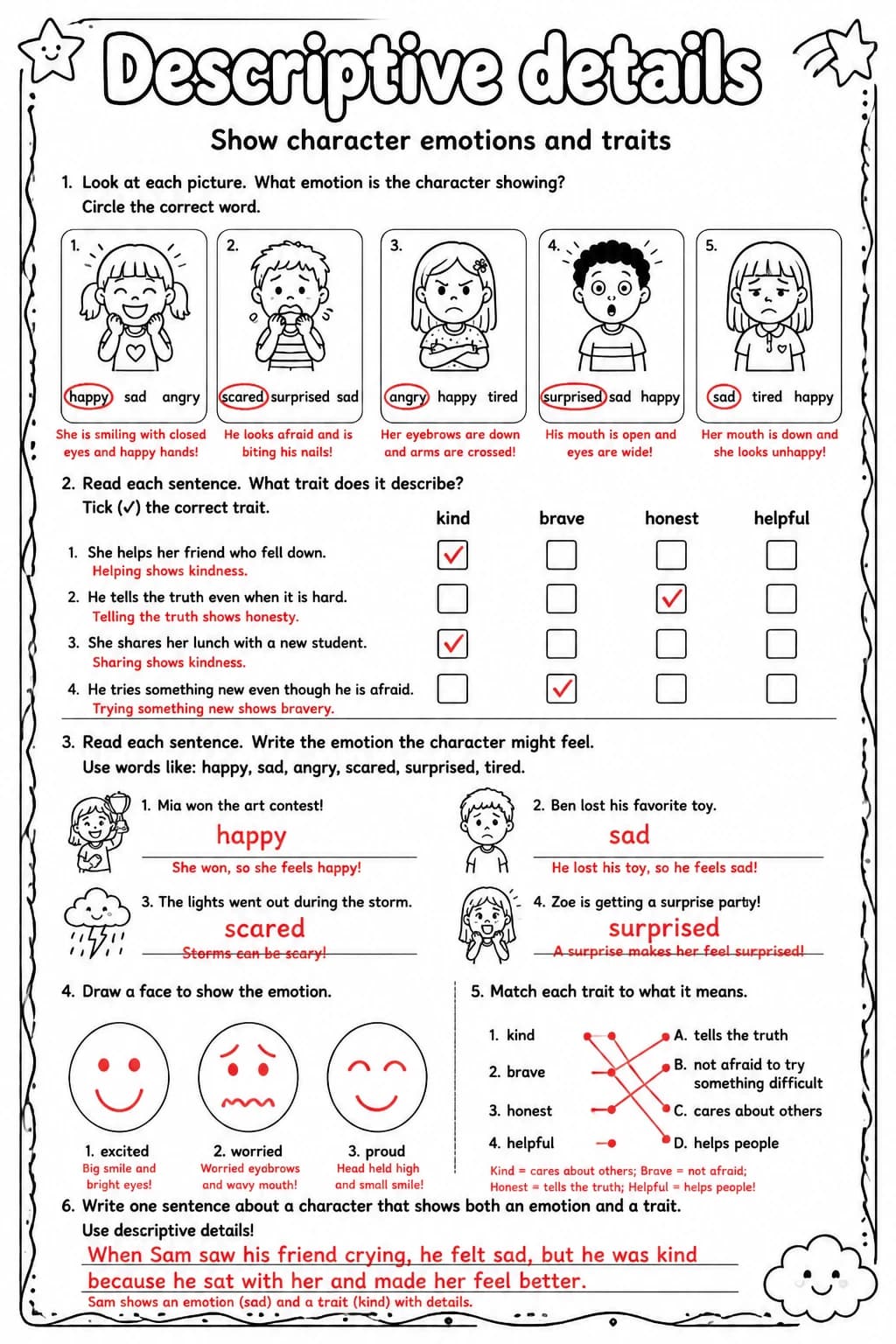 Answer key for Show character emotions and traits — free printable English & Reading worksheet