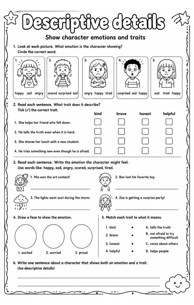 Show character emotions and traits — free printable Grade 3 English & Reading worksheet