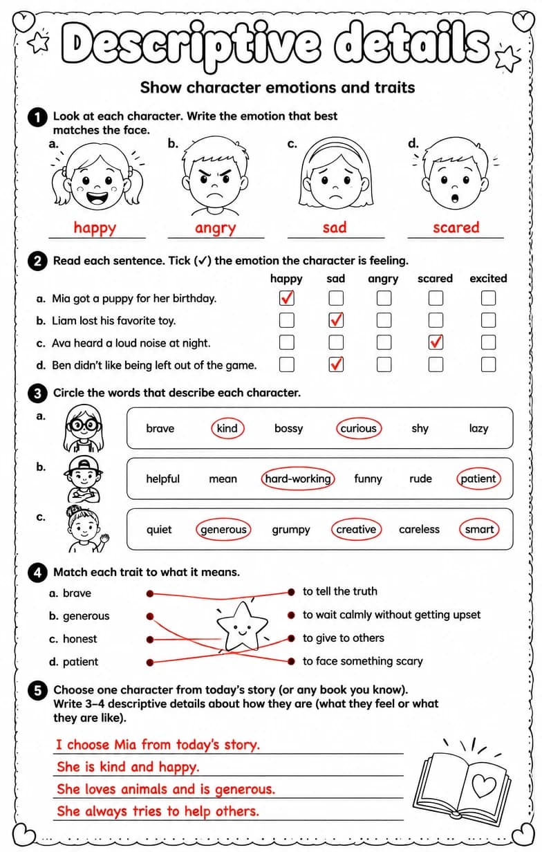 Answer key for Show character emotions and traits — free printable English & Reading worksheet