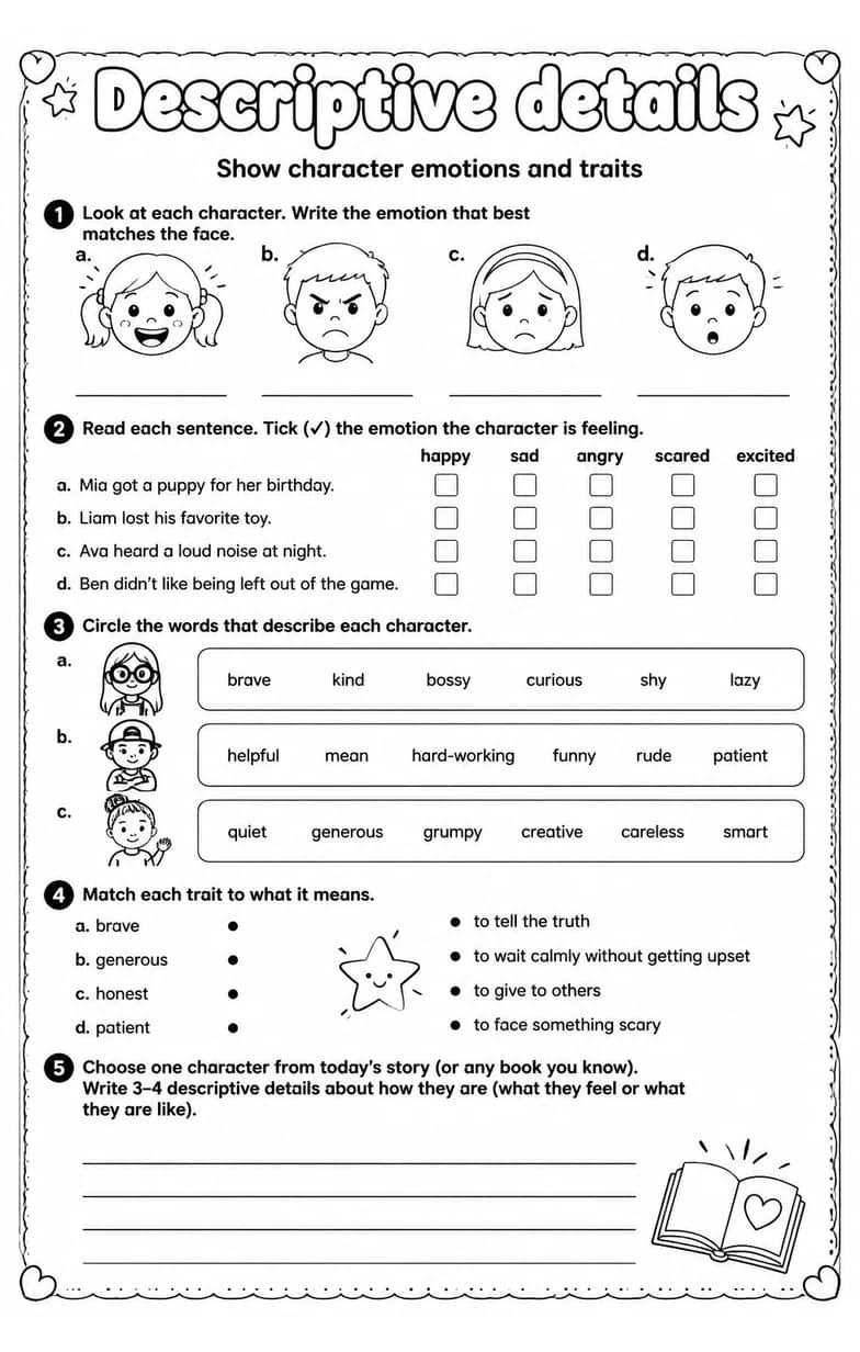 Show character emotions and traits — free printable Writing strategies English worksheet