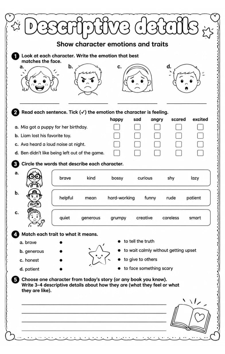 Show character emotions and traits — free printable Grade 4 English & Reading worksheet