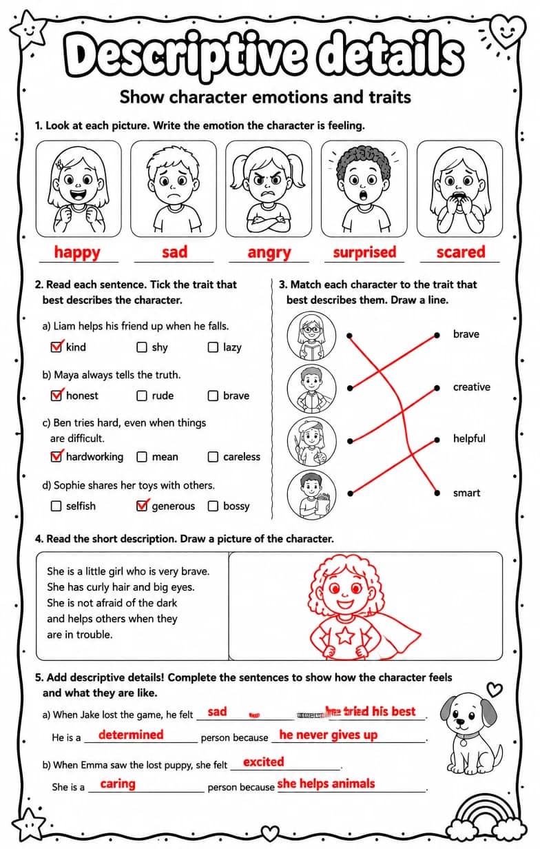 Answer key for Show character emotions and traits — free printable English & Reading worksheet