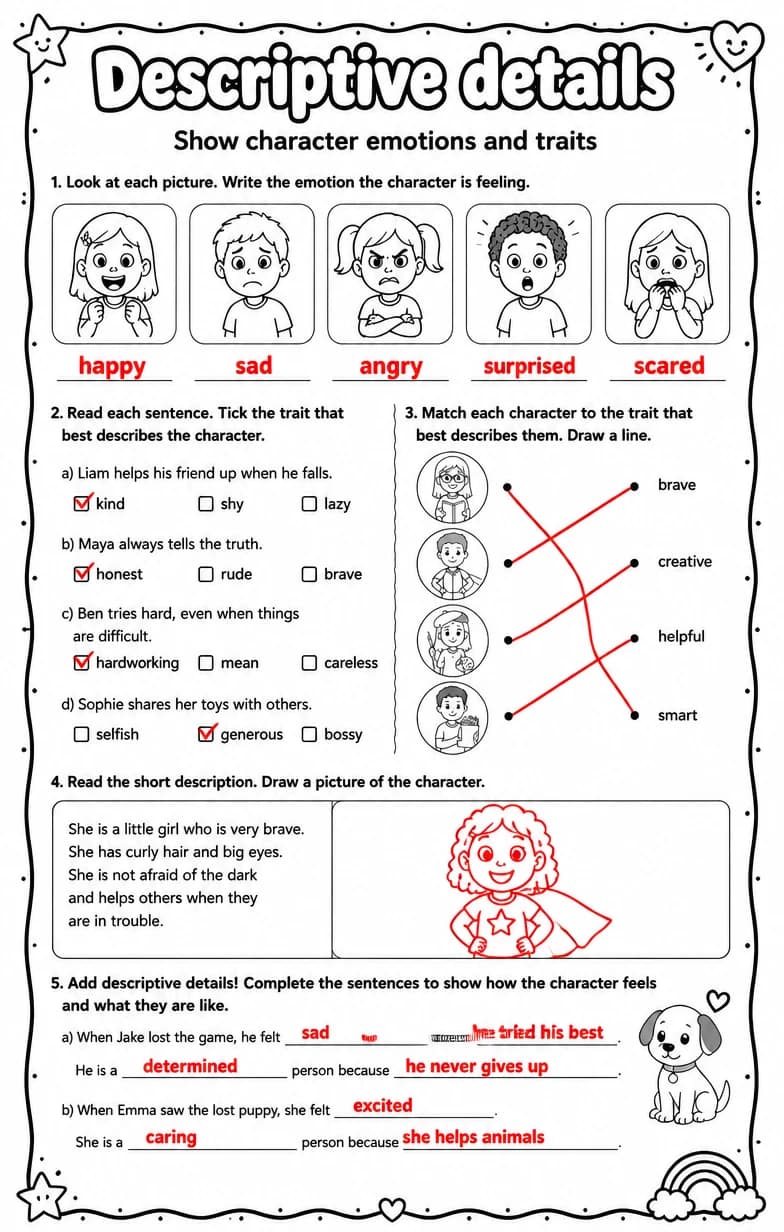 Answer key for Show character emotions and traits — free printable English & Reading worksheet