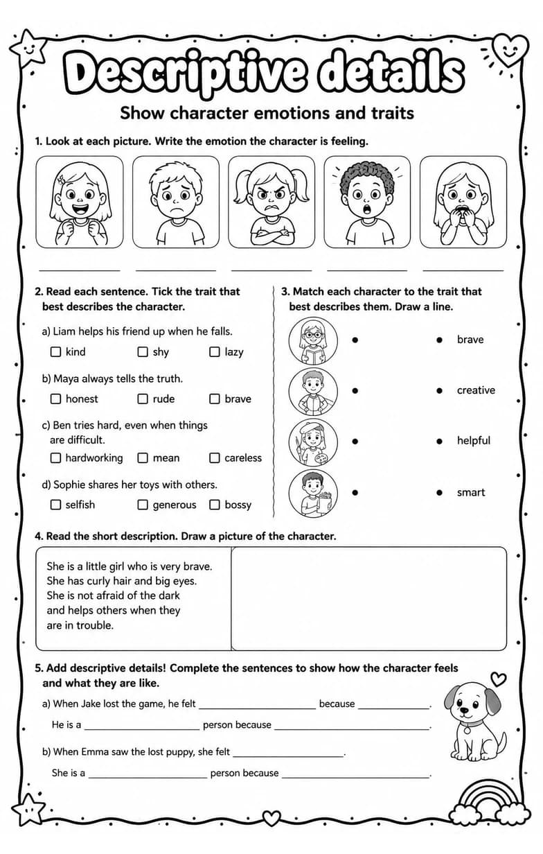 Show character emotions and traits — free printable Grade 5 English & Reading worksheet