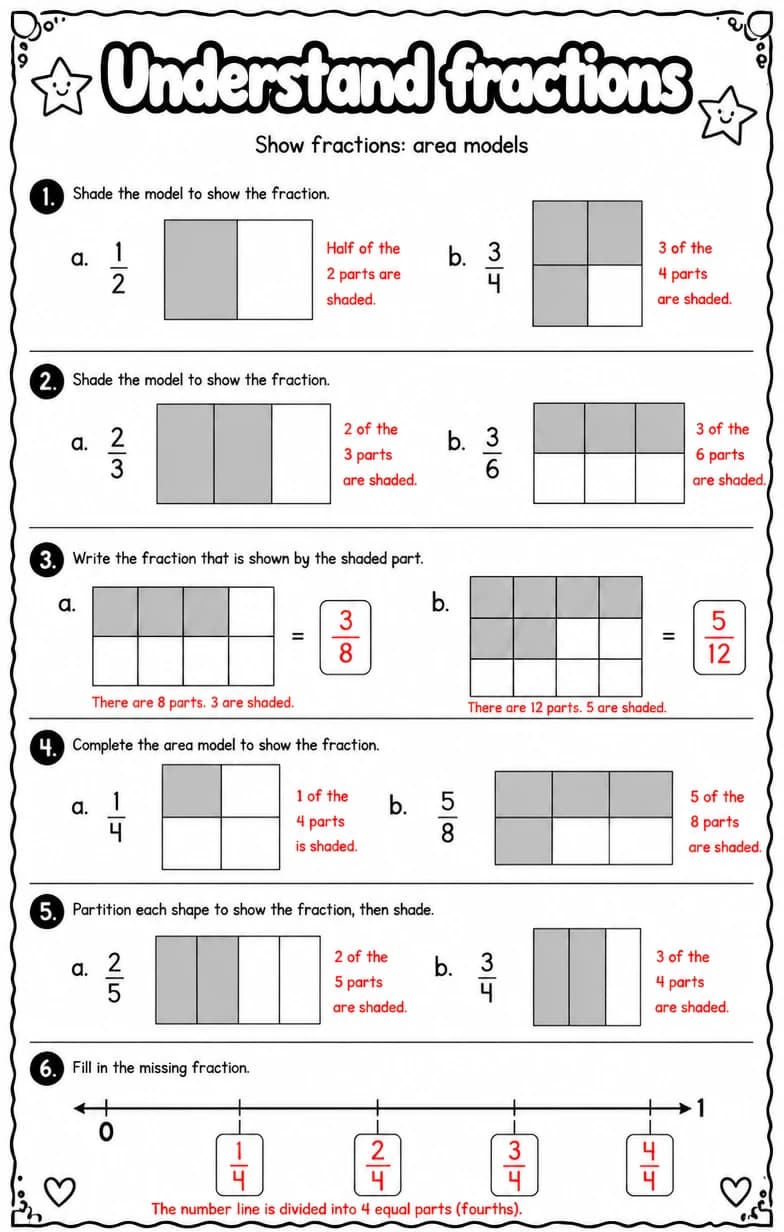 Answer key for Show fractions: area models — free printable Math worksheet