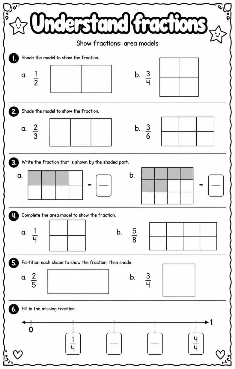 Show fractions: area models — free printable Grade 3 math worksheet