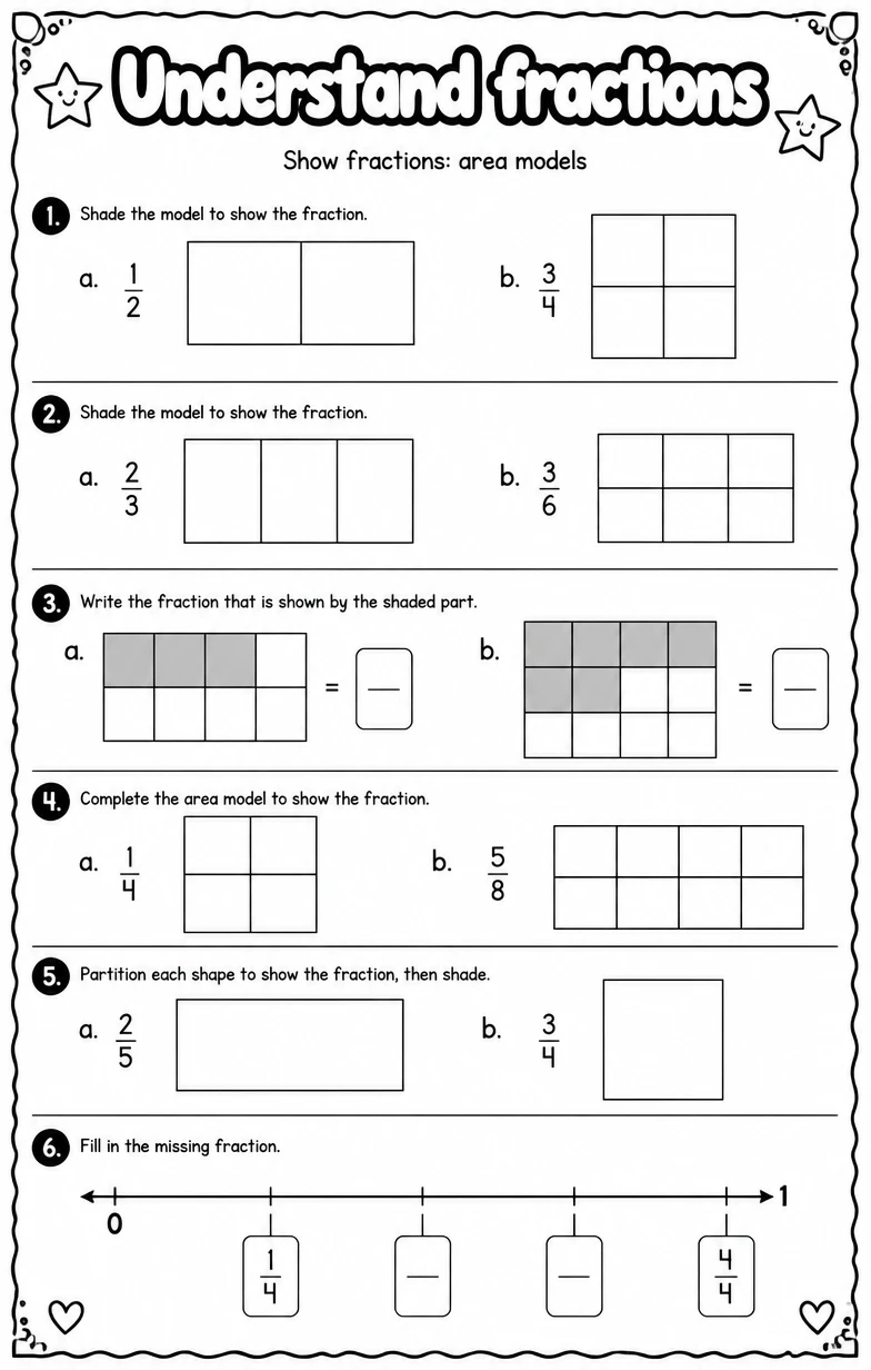 Show fractions: area models — free printable Grade 3 math worksheet