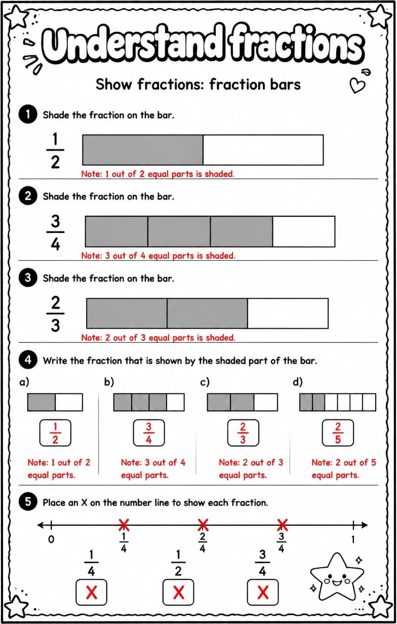 Answer key for Show fractions: fraction bars — free printable Math worksheet