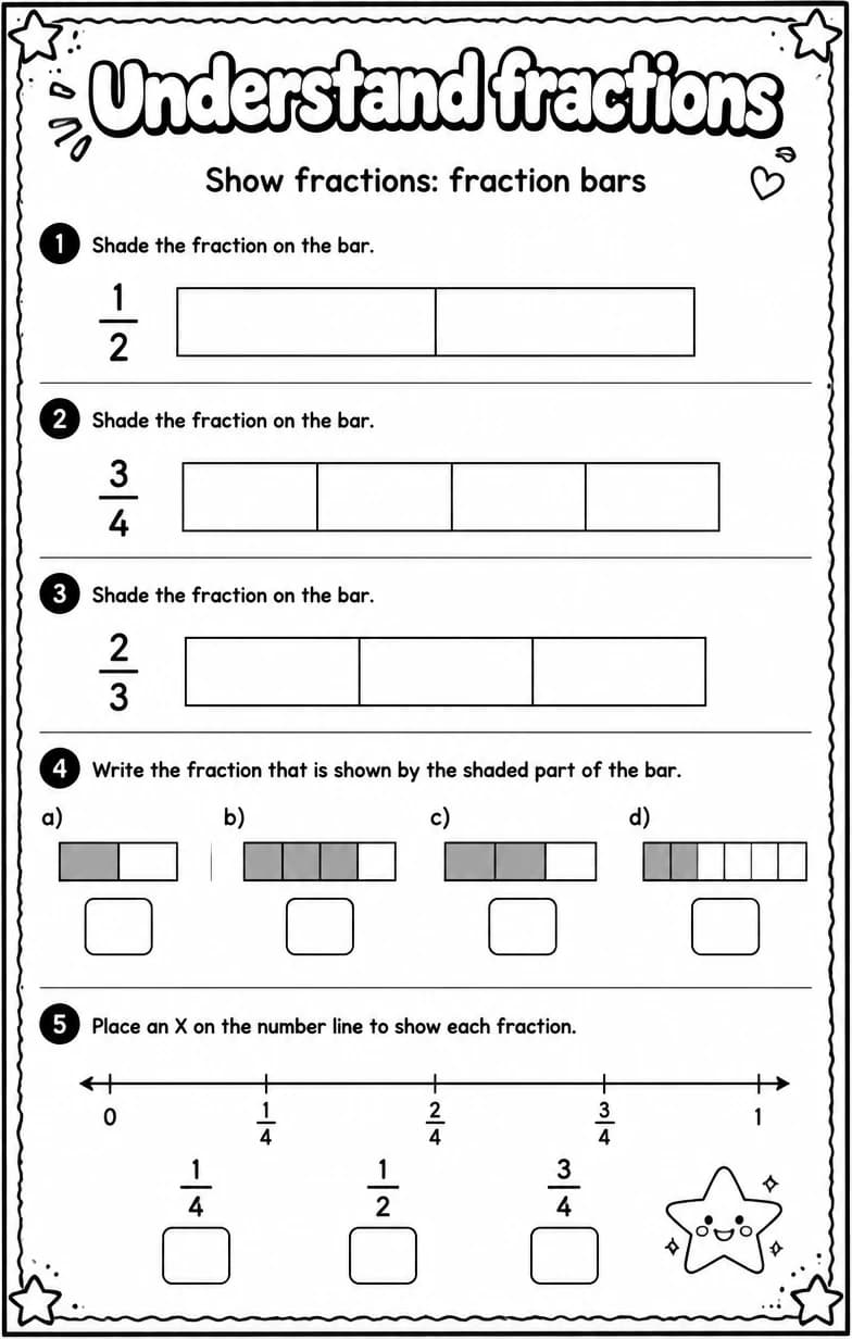 Show fractions: fraction bars — free printable Grade 3 math worksheet