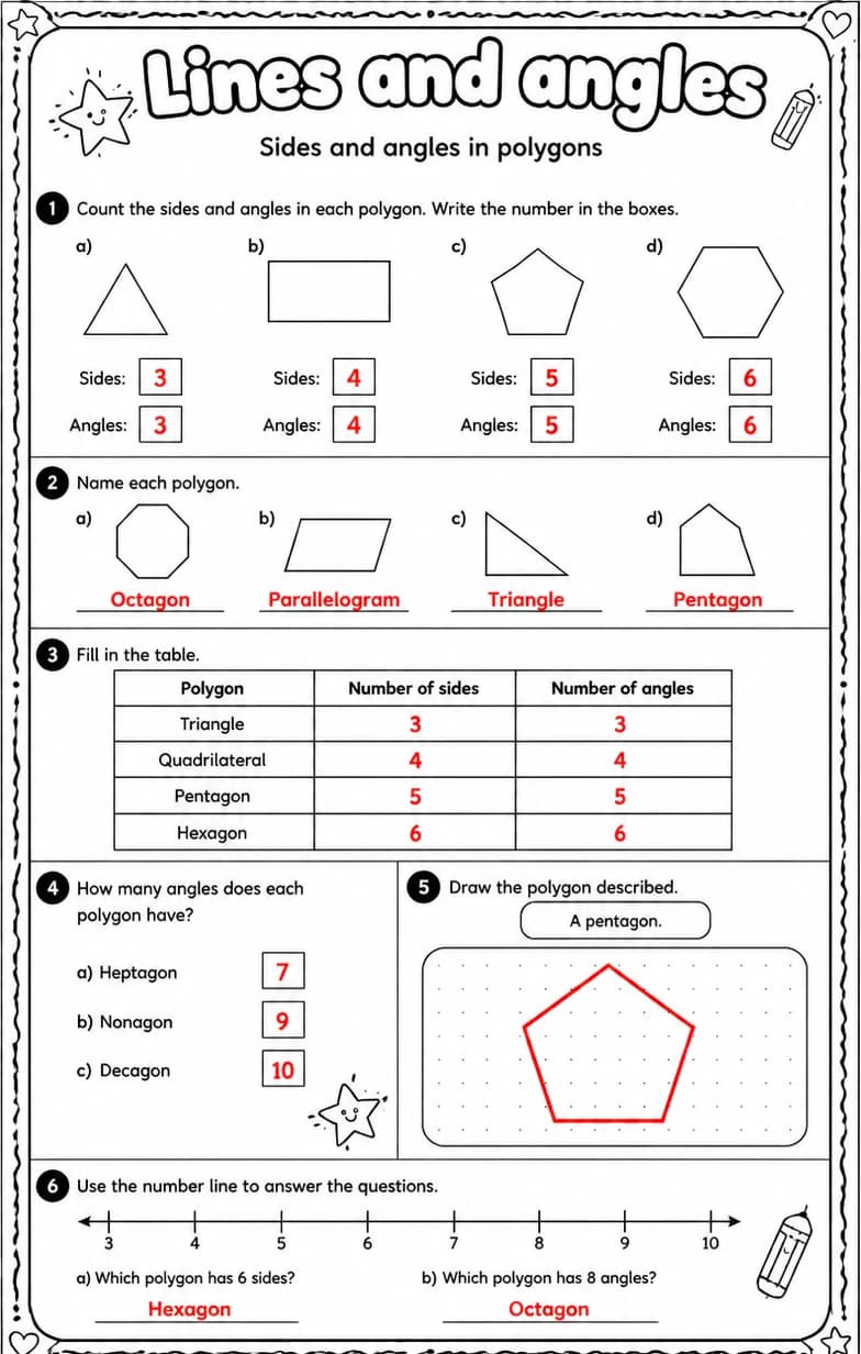 Answer key for Sides and angles in polygons — free printable Math worksheet
