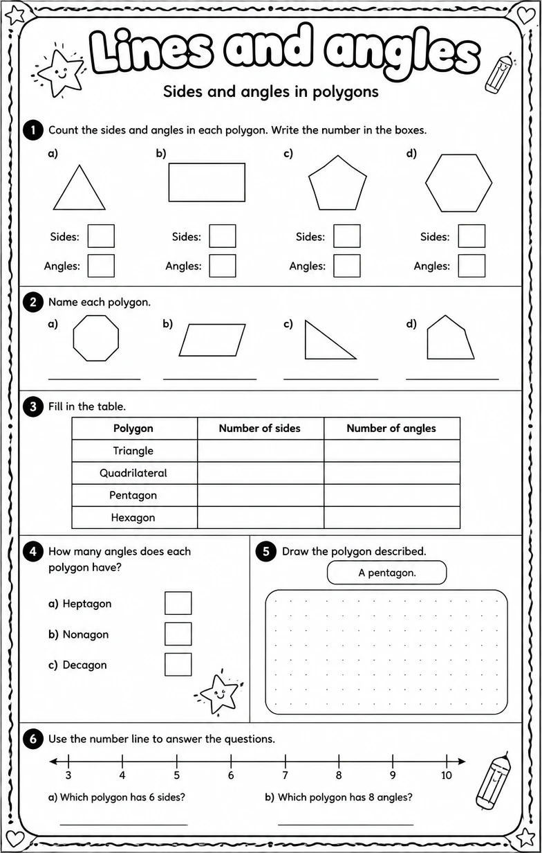Sides and angles in polygons — free printable Grade 4 Math worksheet