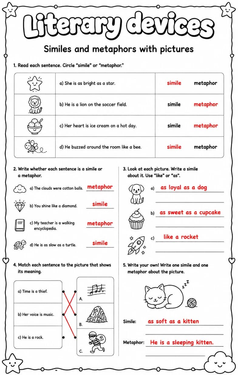 Answer key for Similes and metaphors with pictures — free printable English & Reading worksheet