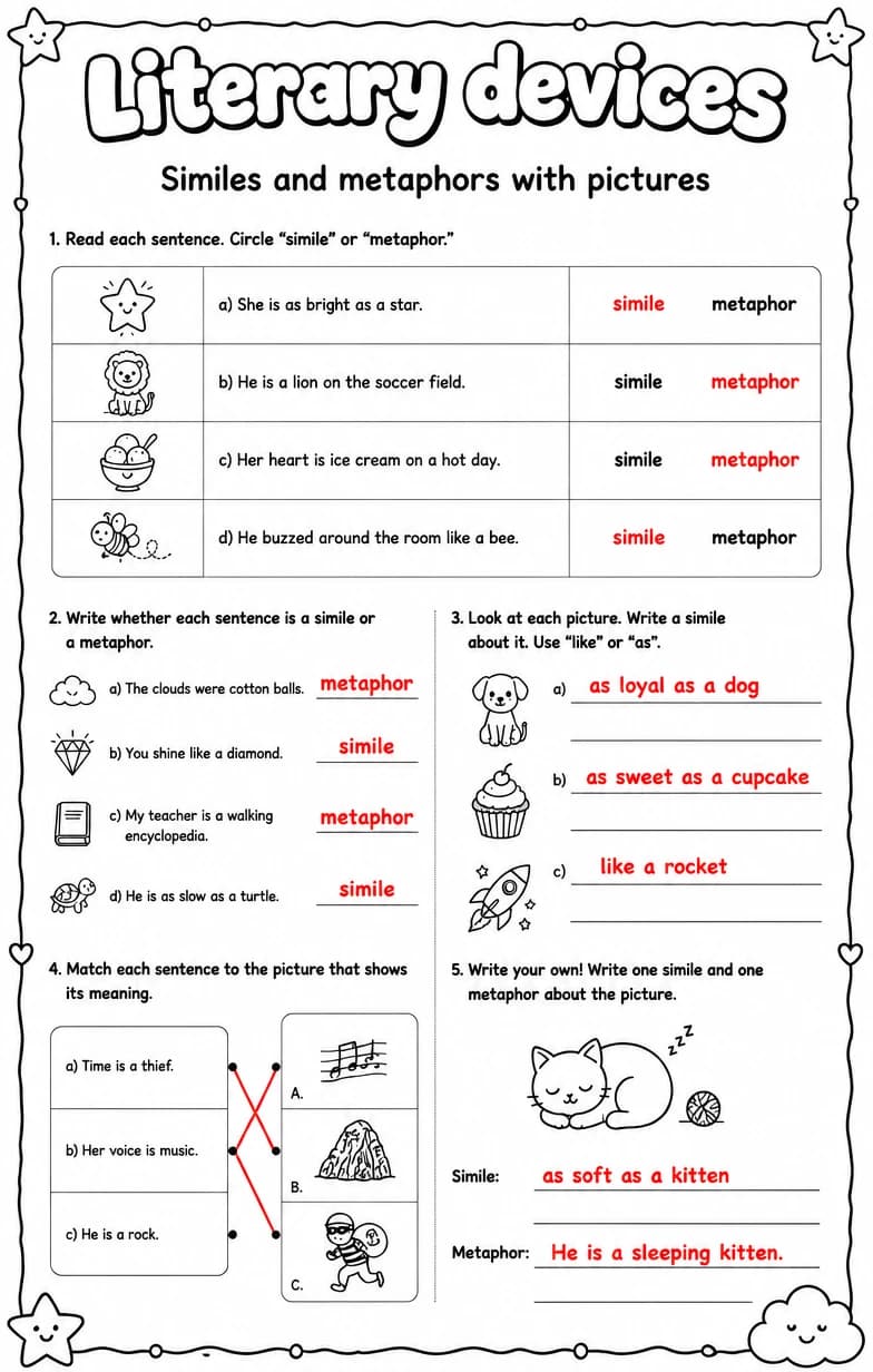 Answer key for Similes and metaphors with pictures — free printable English & Reading worksheet