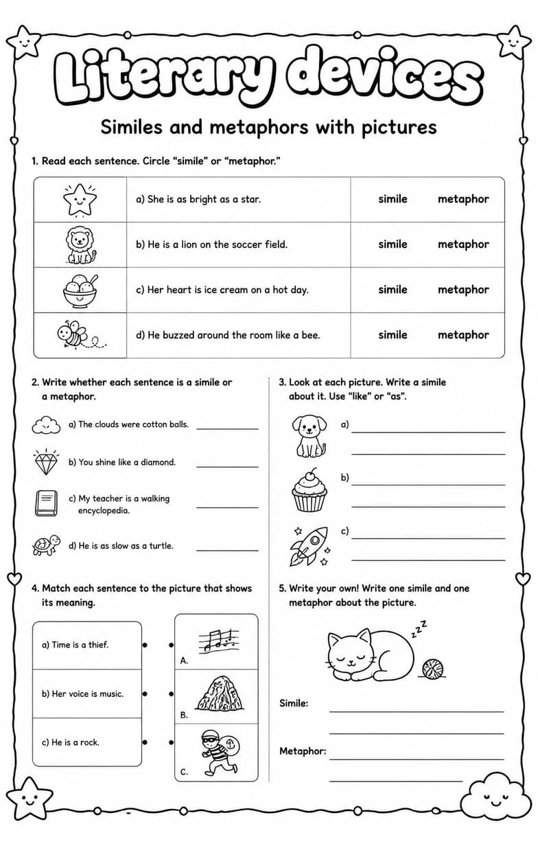 Similes and metaphors with pictures — free printable Grade 4 English & Reading worksheet