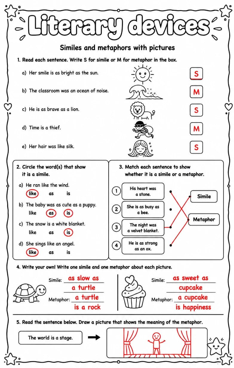 Answer key for Similes and metaphors with pictures — free printable English & Reading worksheet