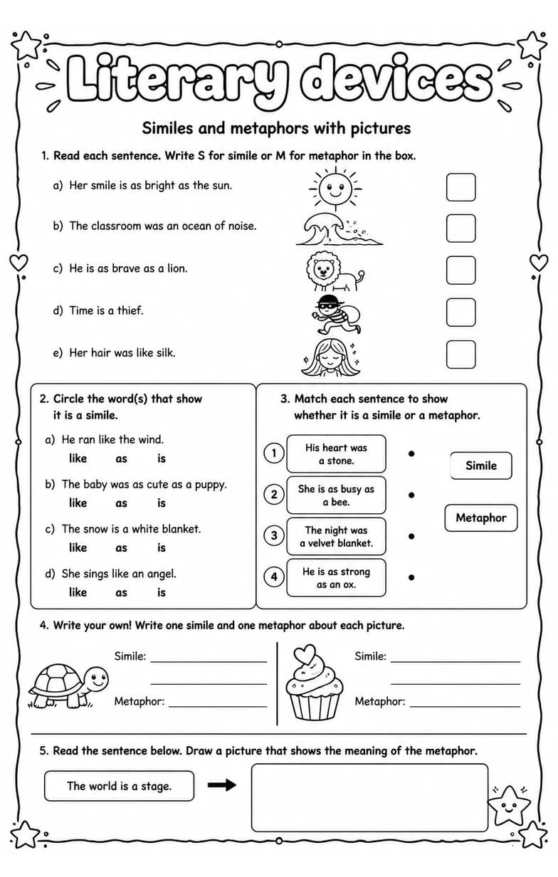 Similes and metaphors with pictures — free printable Reading strategies English worksheet