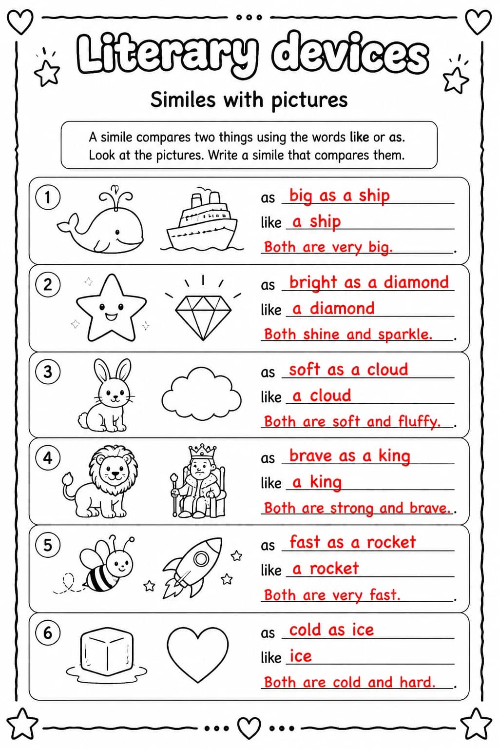 Answer key for Similes with pictures — free printable English & Reading worksheet