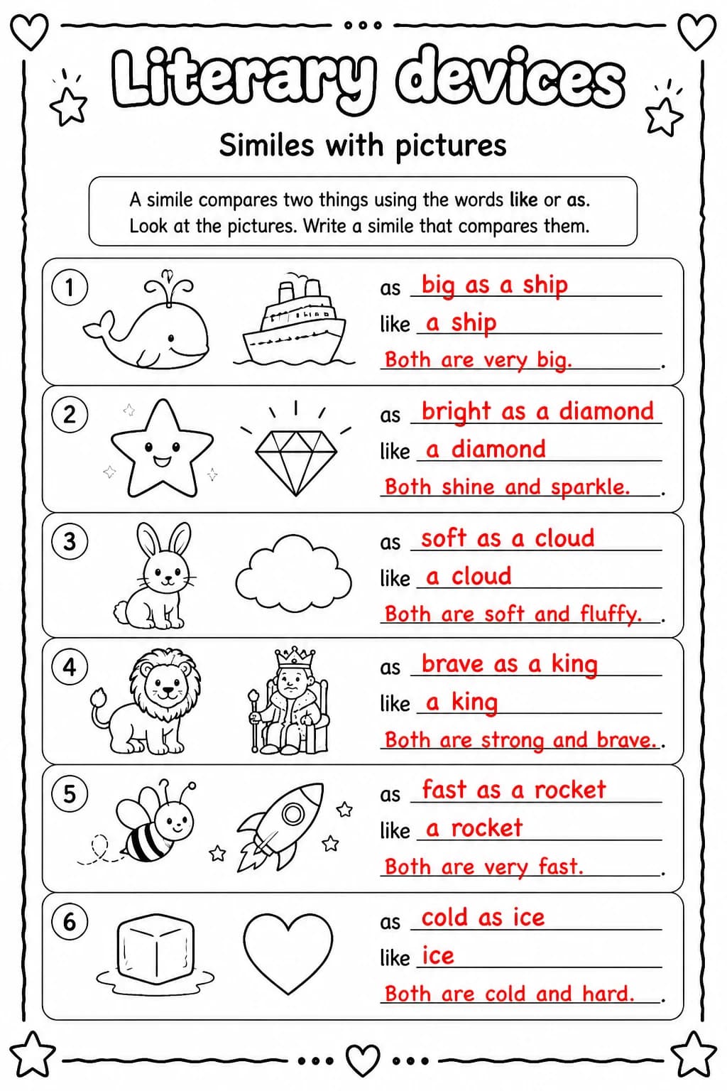 Answer key for Similes with pictures — free printable English & Reading worksheet