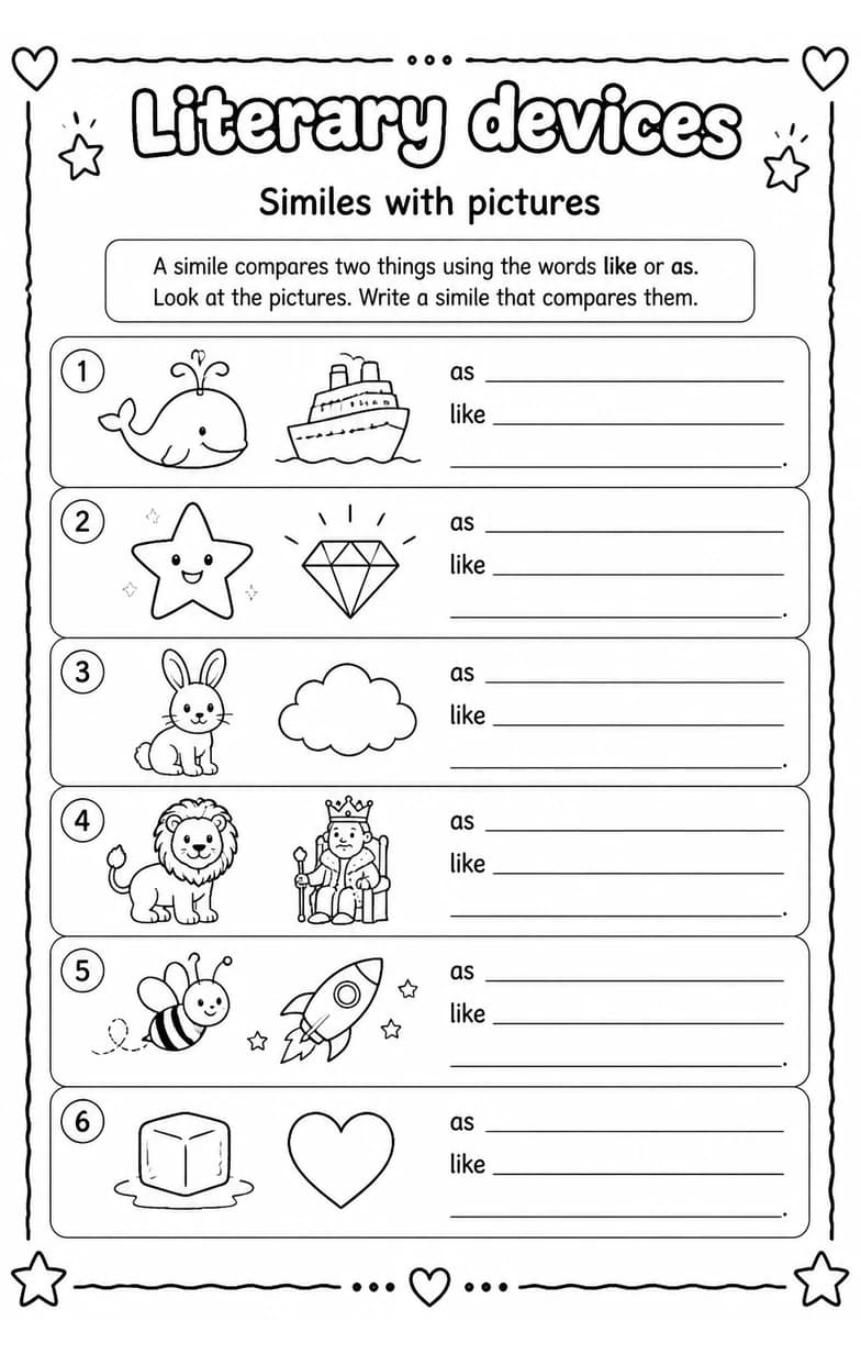 Similes with pictures — free printable Grade 3 English & Reading worksheet