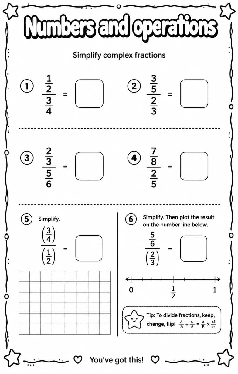 Simplify complex fractions — free printable Algebra 1 math worksheet