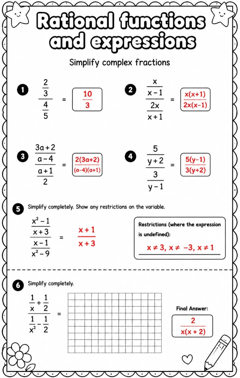 Answer key for Simplify complex fractions — free printable Math worksheet