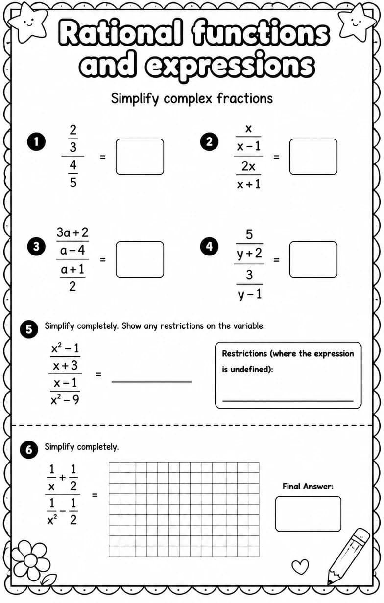 Simplify complex fractions — free printable Algebra 2 math worksheet