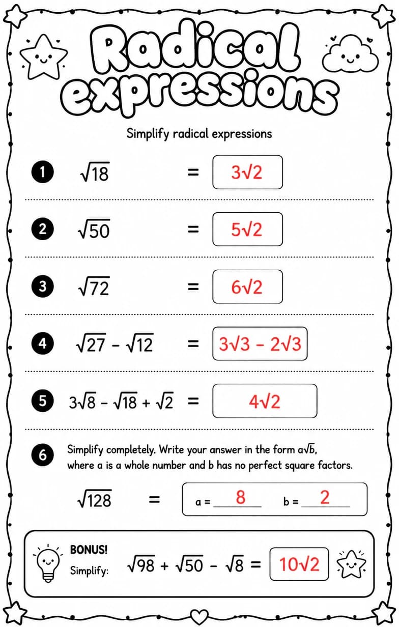 Answer key for Simplify radical expressions — free printable Math worksheet
