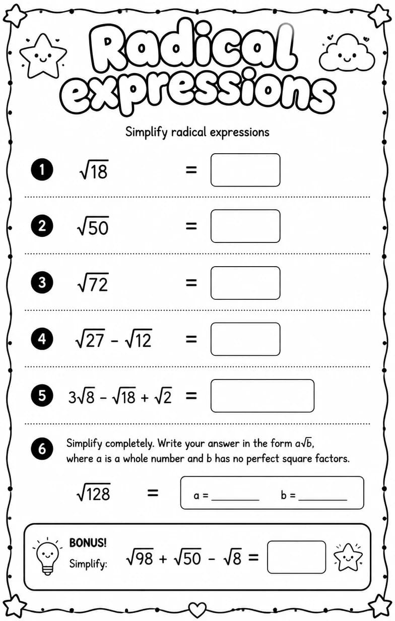 Simplify radical expressions — free printable Algebra 1 math worksheet