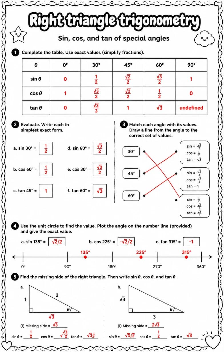 Answer key for Sin, cos, and tan of special angles — free printable Math worksheet