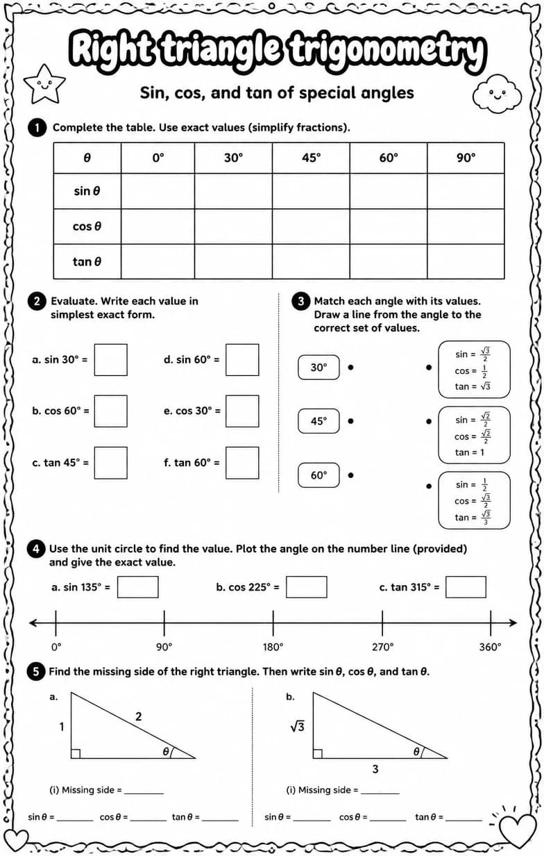 Sin, cos, and tan of special angles — free printable Algebra 2 math worksheet