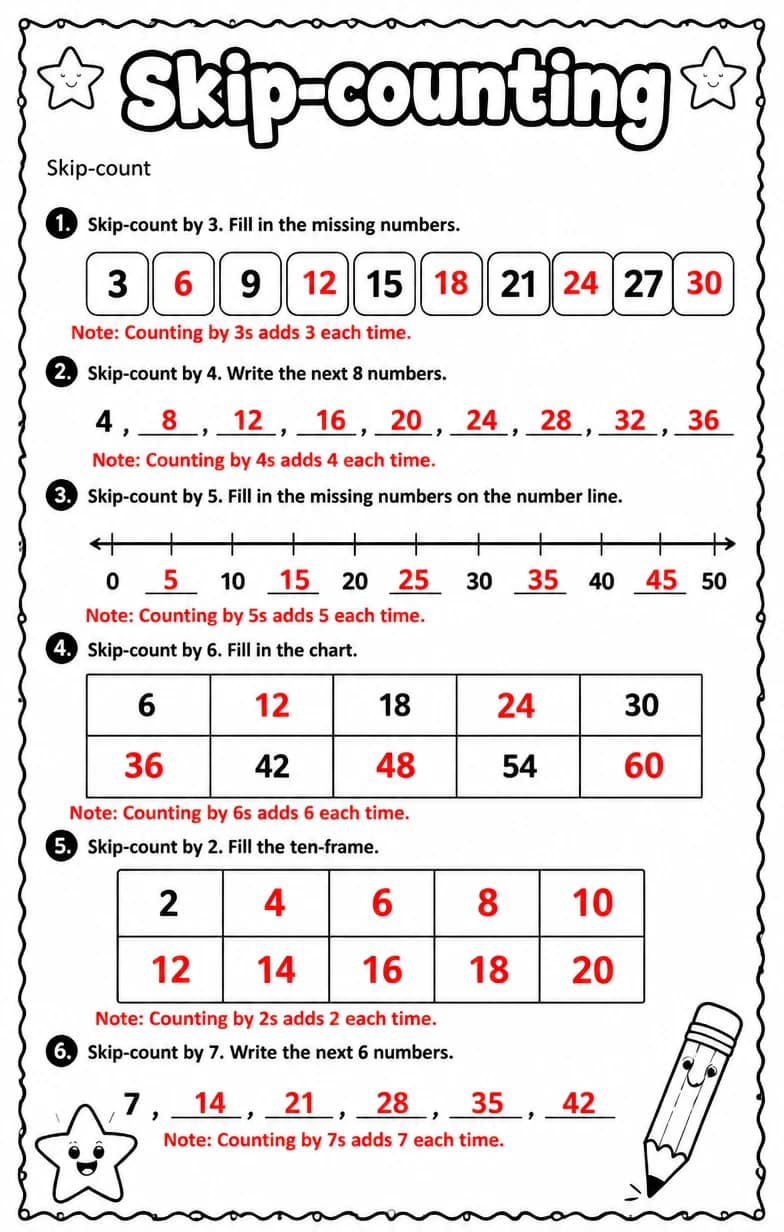 Answer key for Skip-count — free printable Math worksheet