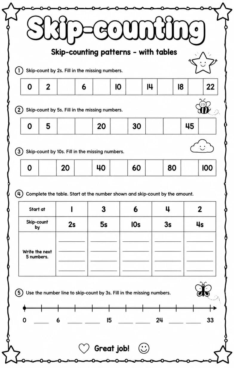Skip-counting patterns - with tables — free printable Grade 1 math worksheet