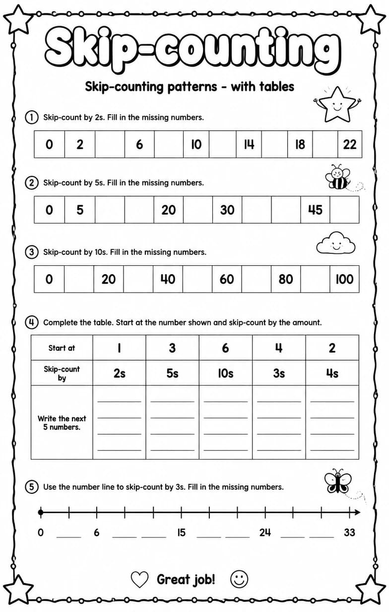 Skip-counting patterns - with tables — free printable Grade 1 math worksheet
