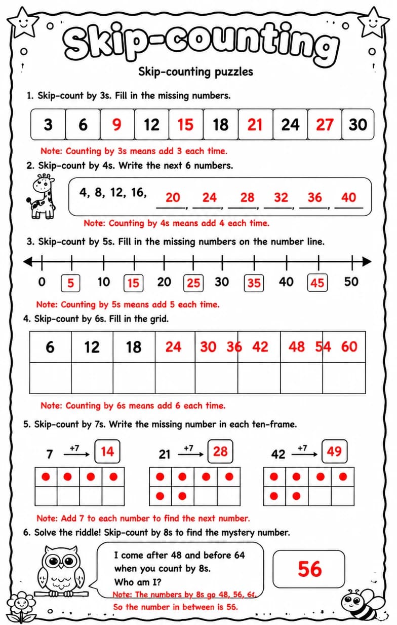 Answer key for Skip-counting puzzles — free printable Math worksheet