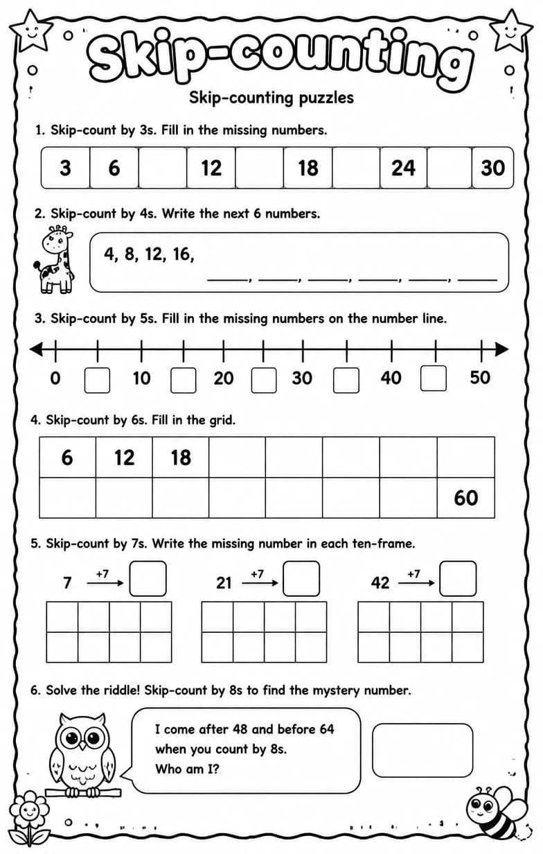 Skip-counting puzzles — free printable Grade 3 math worksheet