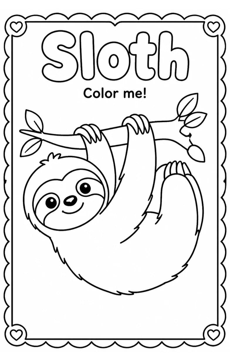 Sloth Coloring Pages — free printable Kindergarten Art worksheet