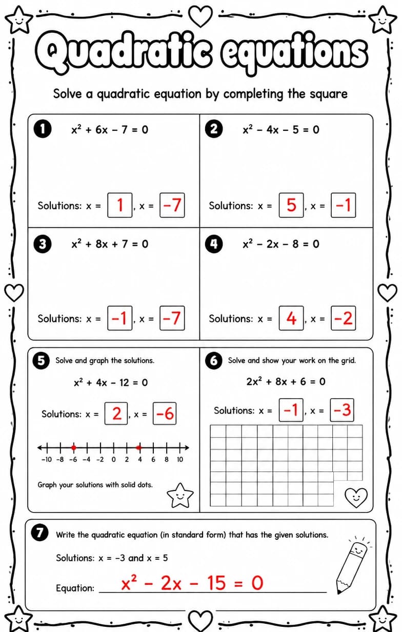 Answer key for Solve a quadratic equation by completing the square — free printable Math worksheet
