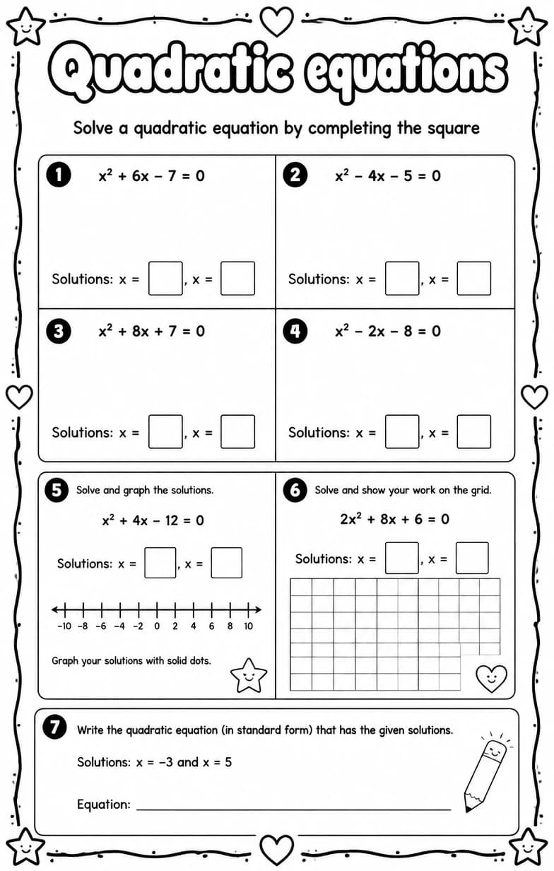 Solve a quadratic equation by completing the square — free printable Algebra 1 math worksheet